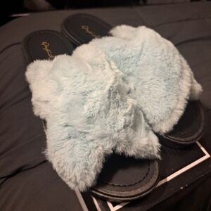Grunge Light Blue Faux Fur Platform Slide Sandals LIKE NEW